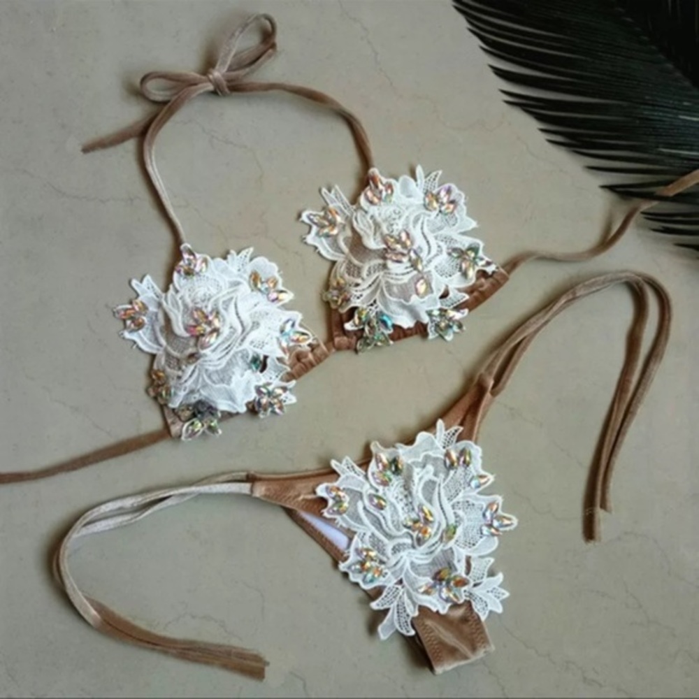 Bikini Custom Velour Lace Embellished Festival High Quality Boutique Swimwear